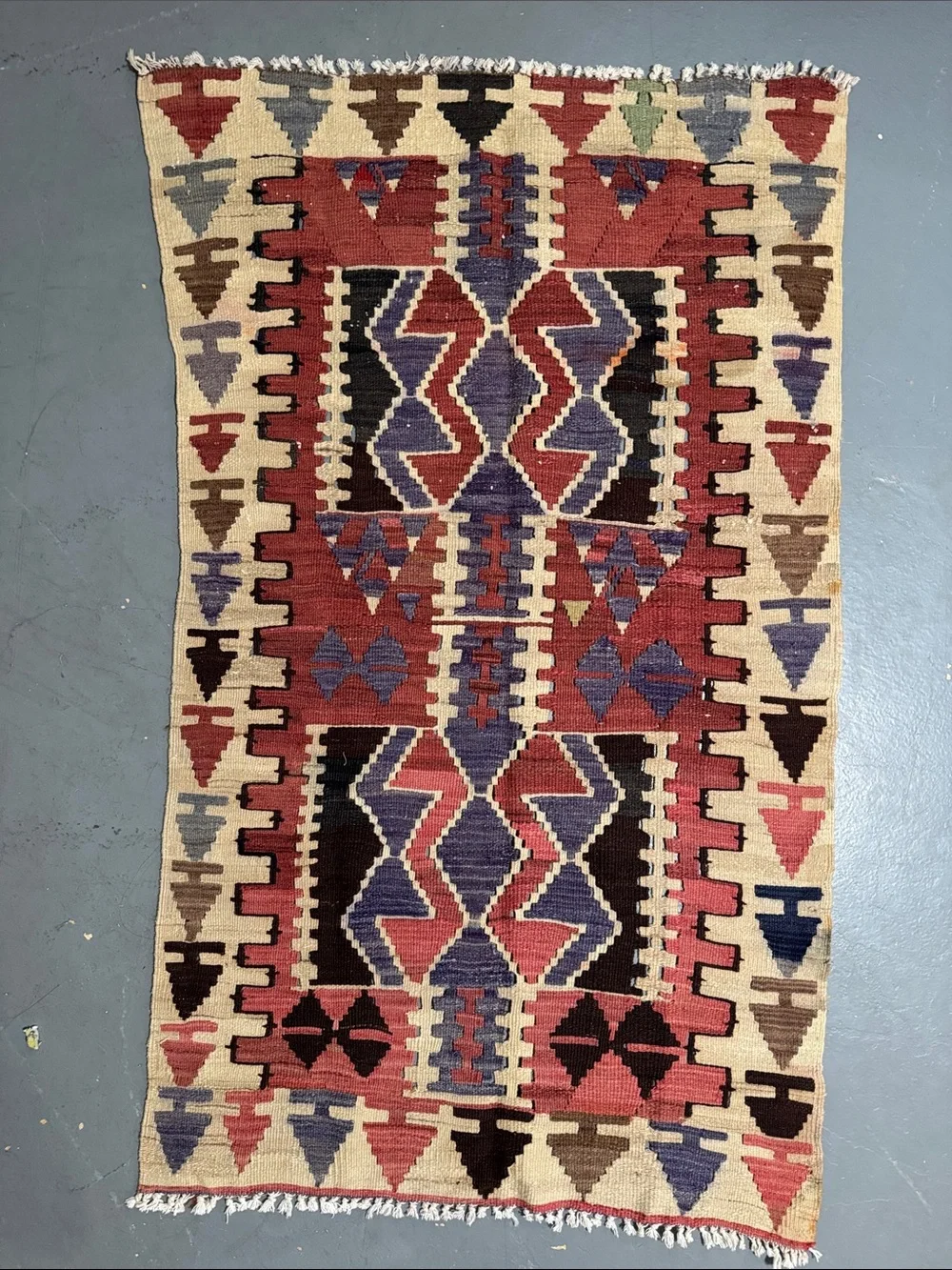 Vintage Handwoven Geometric Kilim Rug - Red, Purple, Cream